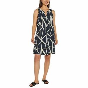 Banana Republic Satin Dress, V-Neck, Pockets, Blue Cream Geometric, Large NWT